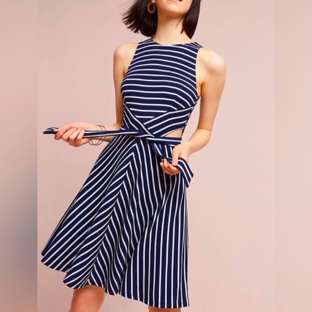 Hutch Navy and White Striped Cutout Fit-and-Flare Mini Dress